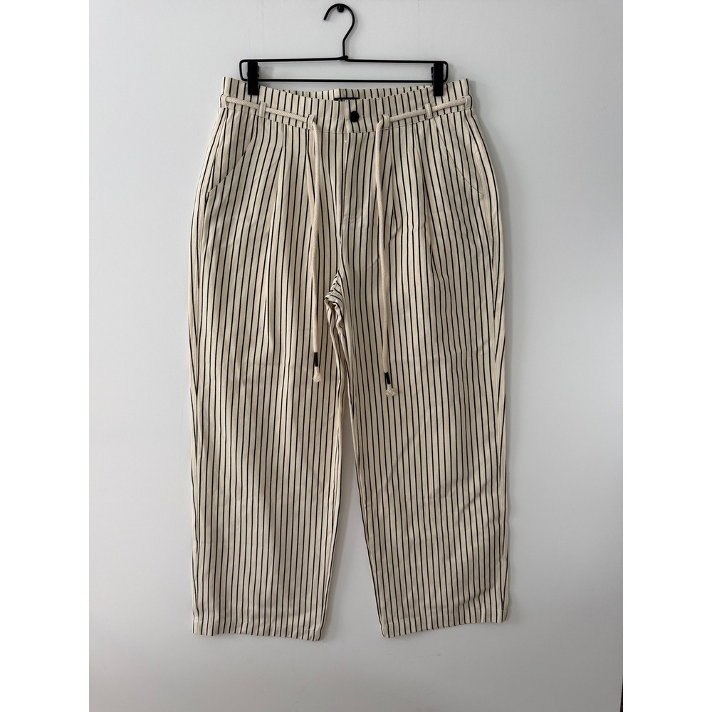 Flamingals Women XL Striped Cotton Wide Leg Trousers Rope Drawstring Cream Black